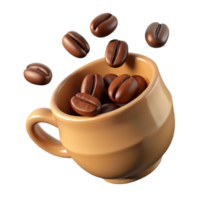 Roasted Coffee Beans Falling into a Tan Coffee Cup 3D Render png