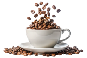 A white coffee cup filled with roasted coffee beans and more beans are falling into the cup and scattered on a saucer and the table png