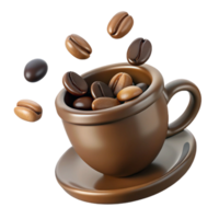 A 3D rendering of a brown coffee cup overflowing with roasted coffee beans, some beans are playfully bouncing in the air around the cup and saucer png