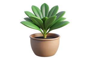 A vibrant green potted plant with multiple leaves in a beige pot, digitally rendered in 3D, isolated on a black background png
