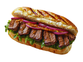 Grilled Beef Steak Sandwich With Red Onion And Sauce png