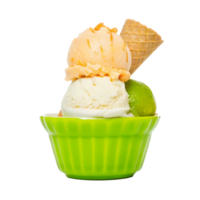 Delicious Triple Scoop Ice Cream in a Green Bowl with Waffle Cone and Lime png