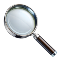 A highresolution image of a classic magnifying glass with a dark brown wooden handle and a metallic frame png