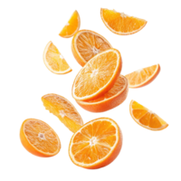 Multiple Orange Slices Falling on Black Background Juicy Citrus Fruit Photography png