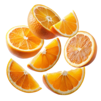 Vibrant Slices of Juicy Oranges Falling in midair on Black Background png