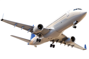 A detailed view of a commercial airplane in flight, showcasing its wings, engines, and landing gear png