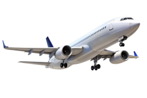 A detailed view of a modern passenger airplane in flight, showcasing its sleek design and powerful engines png