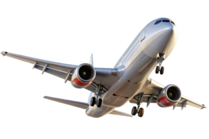 A detailed view of a silver passenger airplane in flight from below showcasing its engines, landing gear, and wings png