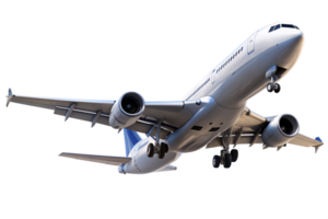 A detailed view of a modern passenger airplane in flight showcasing its powerful engines, sleek design, and advanced aerodynamics png