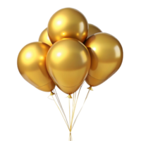 A cluster of five shiny golden balloons tied together, floating against a black background png
