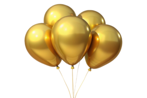 Five Glossy Golden Balloons Bunch Floating in Dark Background png