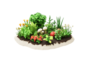 Miniature Garden Featuring Assorted Plants Mushrooms Flowers and Red Berries on a Black Background with Transparent Elements for Easy Integration into Designs png