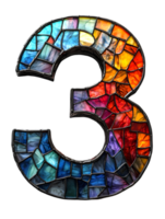 Mosaic Number Three with Stained Glass Texture in Vibrant Colors on Transparent Background png