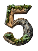 Number Five Crafted from Wood with Moss and Bark Against Transparent Background for a Natural Design Element png