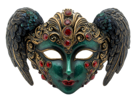 Ornate Green and Gold Venetian Masquerade Mask with Feathers and Red Gems on Transparent Background png