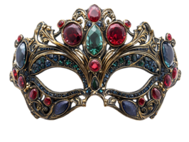 Ornate Venetian Carnival Mask Embellished with Gold and Colorful Jewels on a Dark Background png