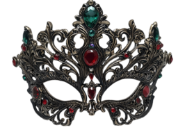 Ornate Venetian Masquerade Mask with Red and Green Gems on Transparent Background png