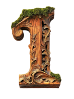 Ornate Wooden Number One with Moss Decoration in 3D Render on Transparent Background png