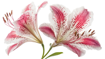Pair of Blooming Pink and White Spotted Alstroemeria Flowers on Transparent Background png