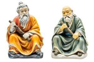 Pair of Ceramic Sage Figures with Ornate Robes and Long White Beards on a Transparent Background png