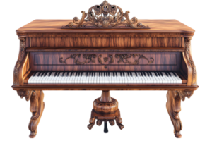Ornate Wooden Grand Piano with Intricate Carvings and Detailed Key Design on Transparent Background png