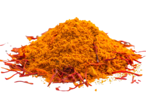 Pile of Aromatic Saffron Threads and Powder with Vibrant Red and Yellow Tones on Transparent Background png
