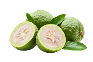 Pile of Fresh Green Feijoa Fruits Sliced in Half with Green Leaves on Transparent Background png