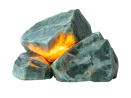 Pile of Green Quartz Minerals with Internal Orange Illumination on a Transparent Background png