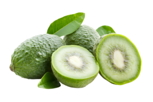 Pile of Green Kiwi Fruits With Leaves Transparent Background With Detailed Texture and Fresh Color Slices of Kiwi Fruit Showing Seeds and Juicy Pulp png