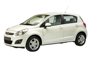 Image of a Sleek White Hatchback Car Displaying Modern Design and Features png