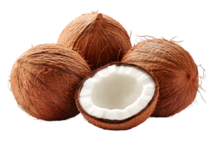 Pile of Fresh Brown Coconuts with White Flesh Isolated on a Black Background Creating a Tropical and Healthy Food Still Life png