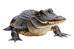 Portrait of a Juvenile Alligator with Brown and Black Skin Pattern Isolated on Black Background Showing Scales and Sharp Teeth Wildlife Predator png