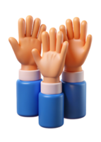 Three Cartoon Hands Raised in Unity Teamwork Collaboration Support 3D Render png