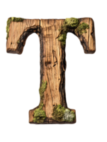 Rustic Wooden Letter T with Moss Decoration on Transparent Background for 3D Renderings and Creative Projects png