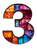 Stained Glass Number Three with Vibrant Colors and Geometric Patterns Isolated on Transparent Background for Graphic Design Art and Craft png