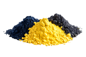 Three Color Pigment Piles Isolated on Transparent Backdrop Yellow Blue and Black Powders in Heaps for Artistic and Decorative Elements png