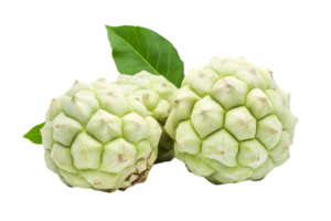 Three Custard Apples with Green Leaves Isolated on Transparent Background Showing Textured Skin Detail with Fresh and Organic Qualities png