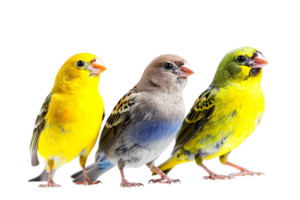 Three Colorful Exotic Finch Birds Perched Together On Transparent Background In Vivid Yellow and Green png