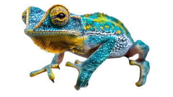 Turquoise Chameleon Portrait with Yellow Spots Against Transparent Background a Studio Shot of a Single Exotic Reptile with Intricate Skin Texture png