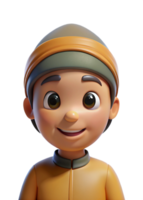 Adorable 3D Render of a Smiling Boy Wearing a Traditional Muslim Hat and Outfit png