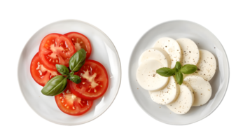 Tomato and Mozzarella Salad Plates with Basil Isolated Over Transparent Background in Flat Lay Overhead Arrangement Still Life png