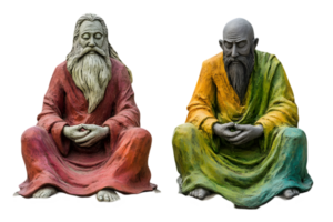 Two Colorful Buddha Statues in Meditation Pose Isolated on Transparent Background Depicting Spirituality and Ancient Wisdom png