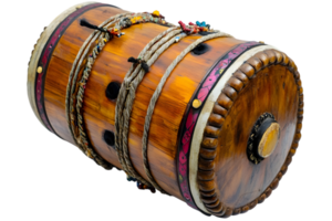 Traditional Wooden Drum with Ropes and Colorful Accents Against Transparent Backdrop Studio Shot png