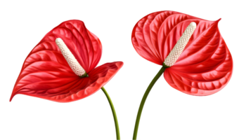 Two Vibrant Red Anthurium Flowers with White Spadix and Green Stems on Transparent Background png