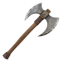 A detailed image of a medieval doubleheaded battle axe with a wooden handle and a weathered metal head png