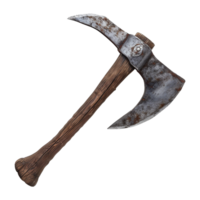 Ancient Rustic Weathered Double Bit Axe with Wooden Handle Isolated on White Background png