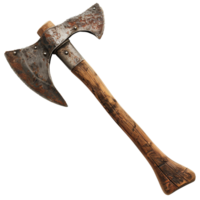 Ancient Rusty Double Bit Axe with Wooden Handle, Medieval Weapon, Historical Artifact, Rustic Tool, Vintage Axehead, Weathered Wood, Old Rusty Axe png