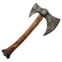 weathered doublebit battle axe with a rustic wooden handle png