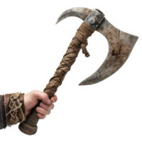 A weathered battle axe with a leatherwrapped handle held firmly in a strong hand png