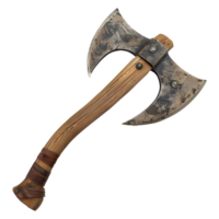 Ancient Double Bit Axe with Wooden Handle and Leather Wrap a Medieval Weapon png